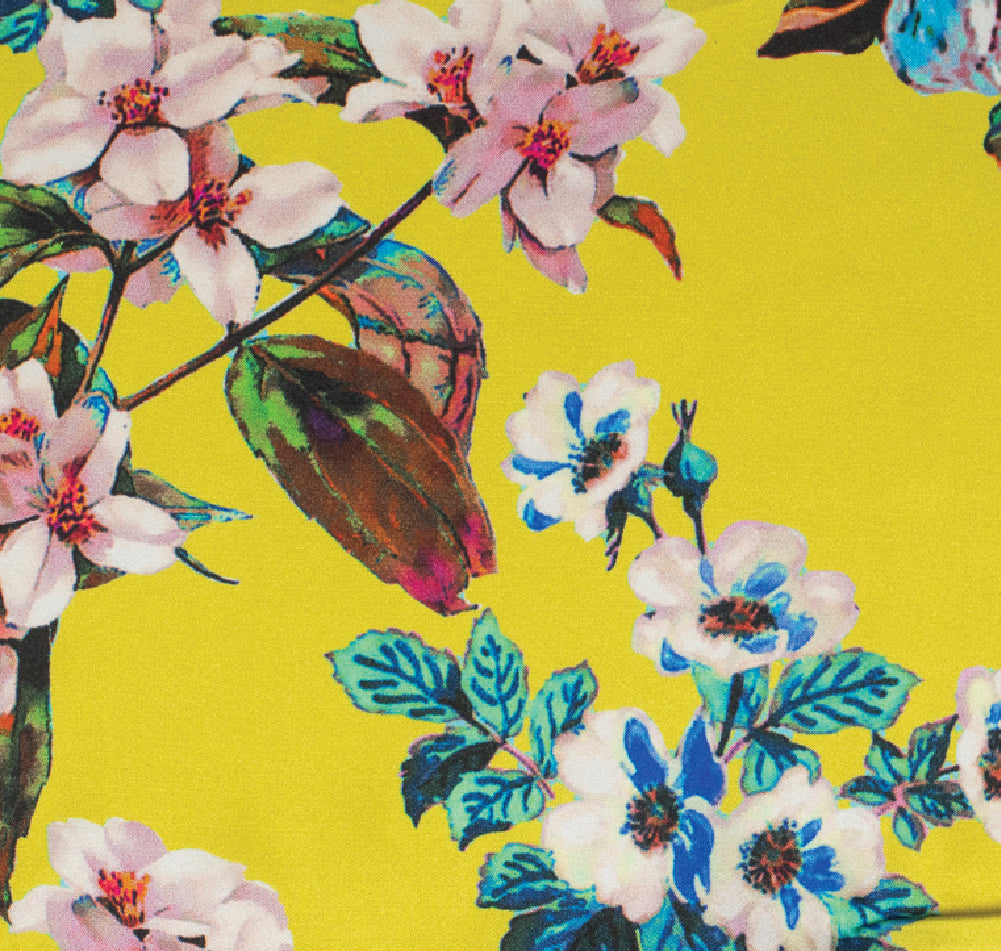 Flowers and Leaves Print on Italian Silk Fabric